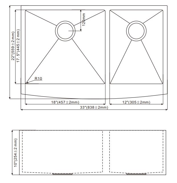 OEM HD3322O 6040 33*22* 10 inch undermount apron front double sink bowl stainless steel kitchen sink 