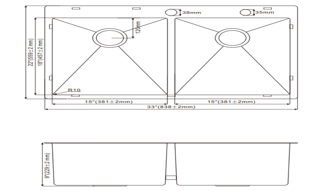 OEM HT3322H 33*22*9 inch topmount/drop-in double sink bowl stainless steel kitchen sink 