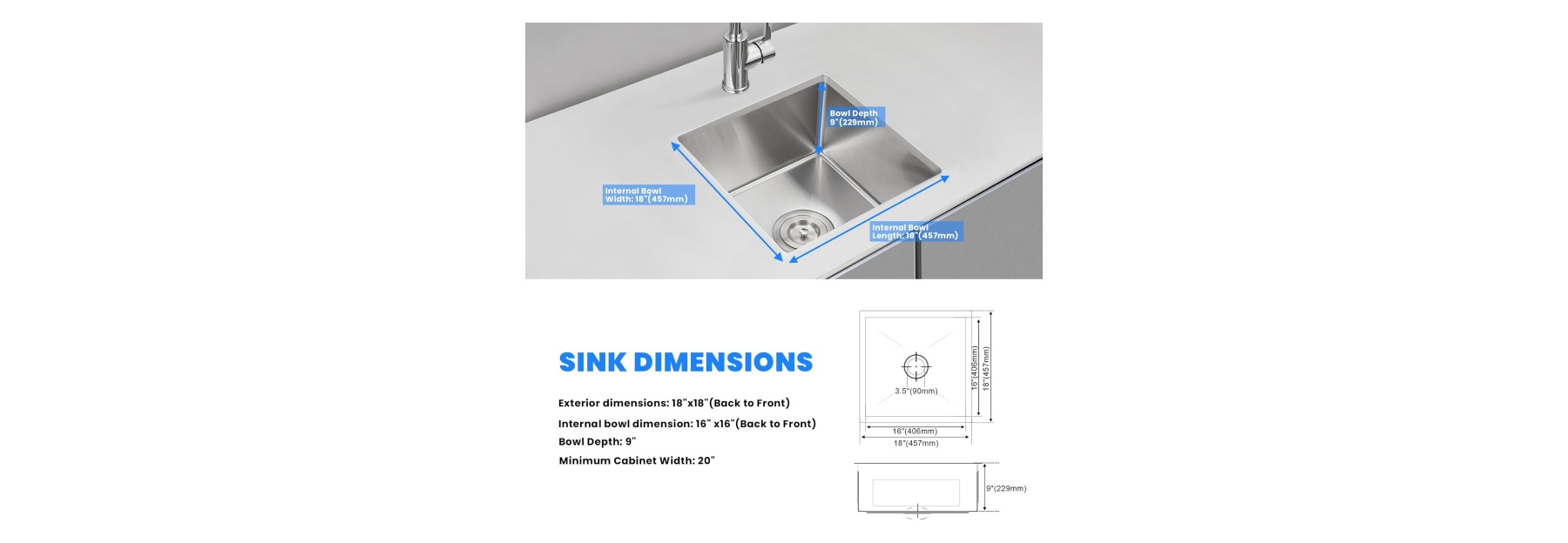 OEM HU1818S 18* 18* 8 inch undermount single sink bowl Stainless Steel Kitchen Sink 